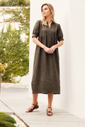 Puff Sleeve Linen Dress Dark Khaki (Sirocco)