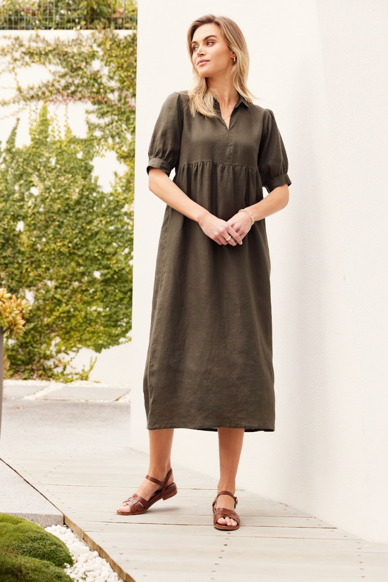 Puff Sleeve Linen Dress Dark Khaki (Sirocco)